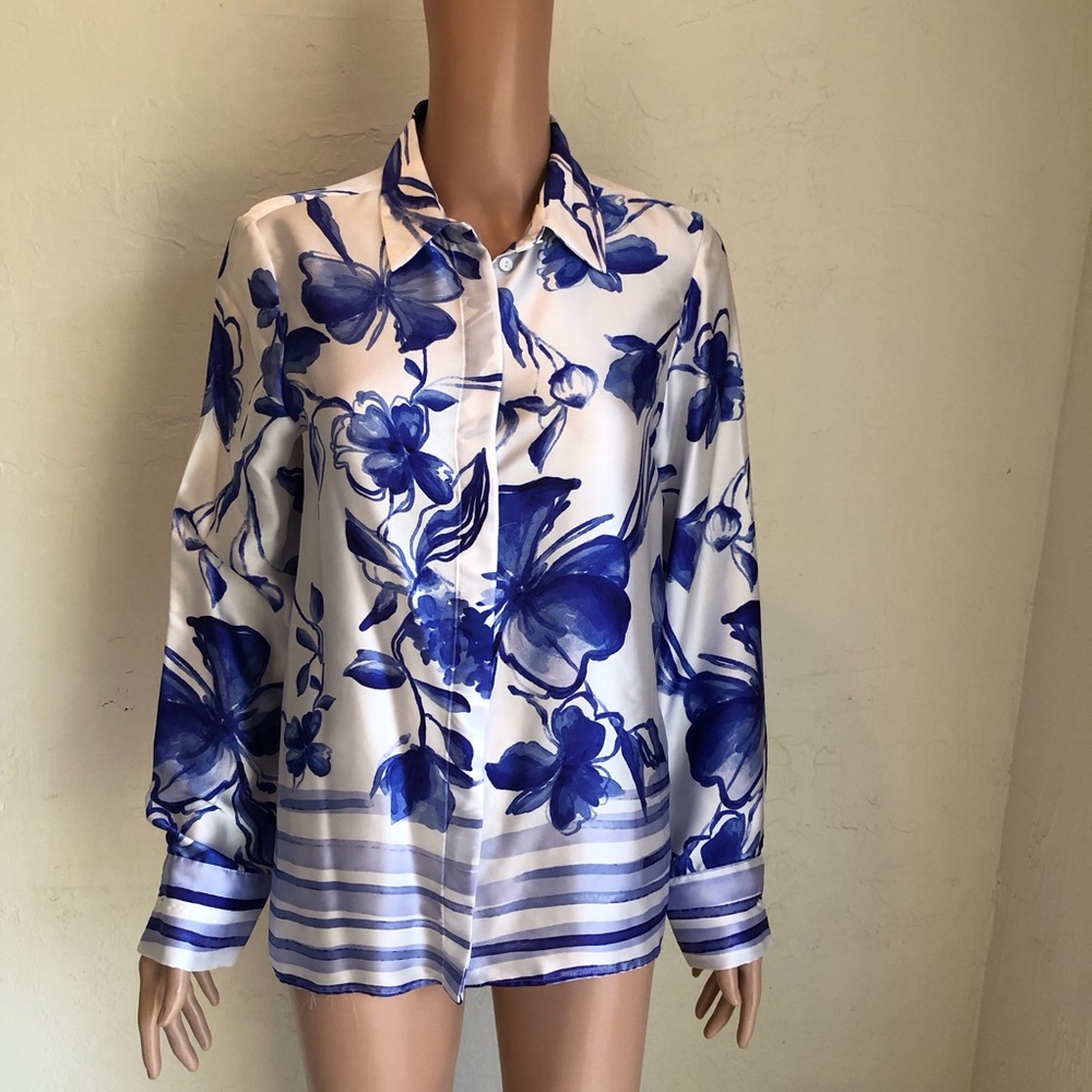 Zara Satin White/Blue Floral Collared Button-Up Blouse Shirt Women's Size S